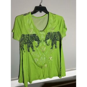 New Dimensions Women XL Lime‎ Green Elephant Print V-Neck Mesh Top Shirt